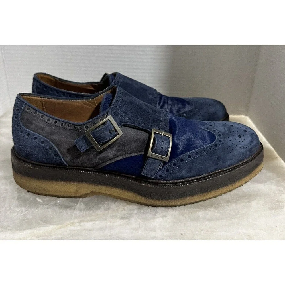 Etro Mens Blue Suede Double Monk Strap Shoes UK 41 US 8.5